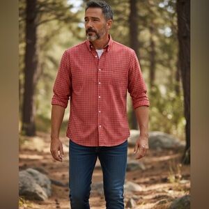 Brooks Brothers Coral Poplin Gingham Button Down Men’s Shirt, 16.5-34/35